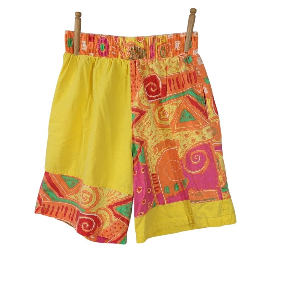 Vintage 80s Neon Mens Shorts Small Retro Surf Beach Cotton USA Yellow Pink Orang